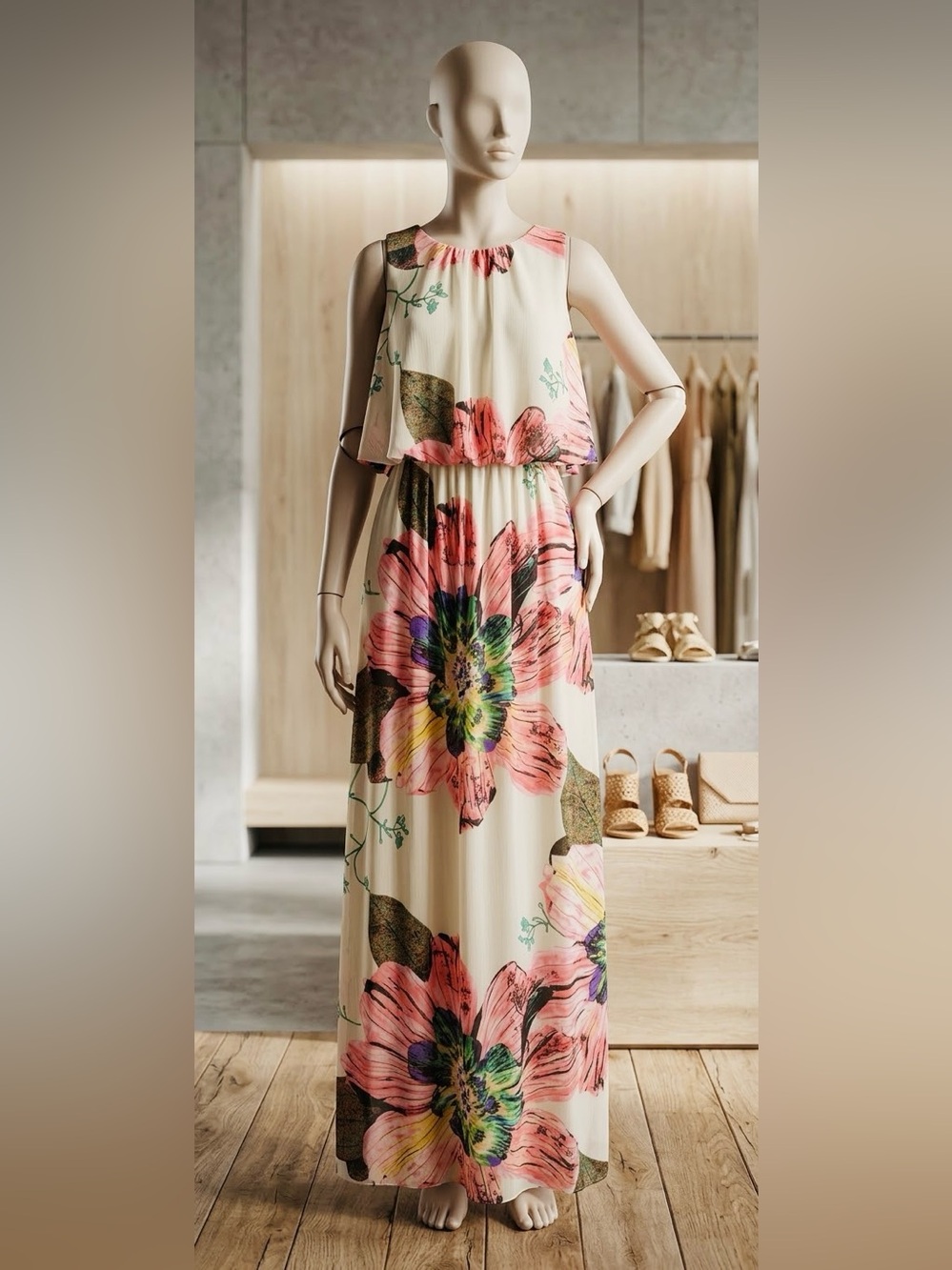 R&M Richards Cream Maxi Dress with Pink & Green Floral Print